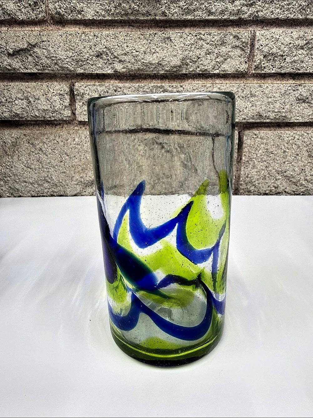 Hand-Blown Art Glass Cylinder Vase – Cobalt Blue & Lime Green Applied Swirl – Po
